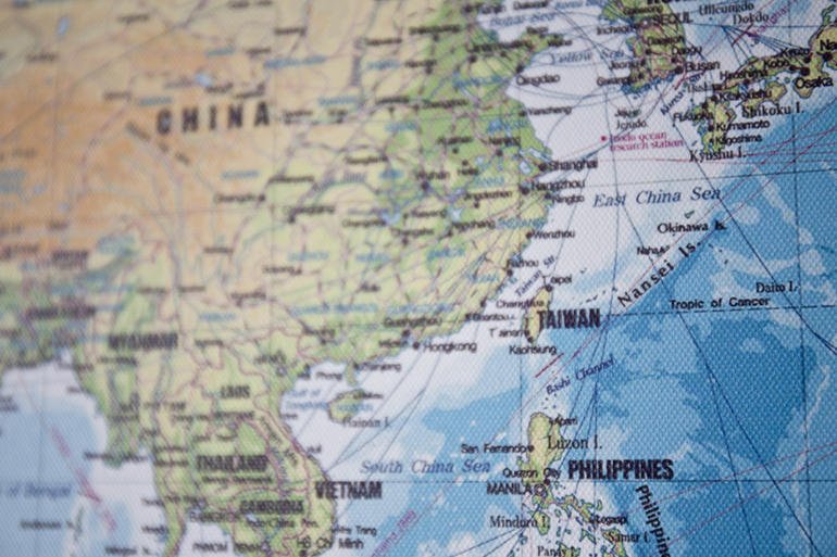 Map of East Asia with a focus on the South China Sea including, China, Taiwan, Phillipines and Vietnam.