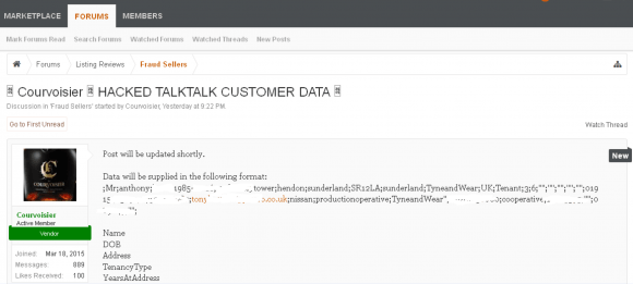 An AlphaBay dark market thread promising the release of TalkTalk customer data.