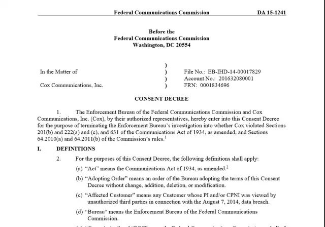 Enlarge / The FCC's consent decree with Cox Communications, fining the company for having a low threshold for phishing.