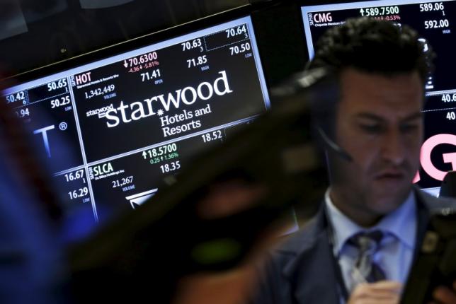Traders stand by the post where the stock for Starwood Hotels & Resorts Worldwide Inc is traded on the floor of the New York Stock Exchange