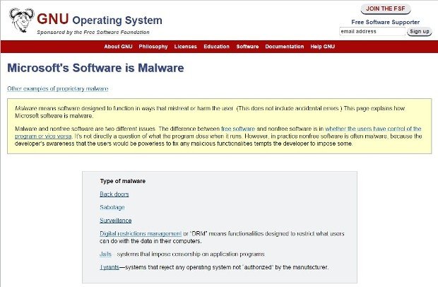 GNU.org Website Says Microsoft's Software Is Malware