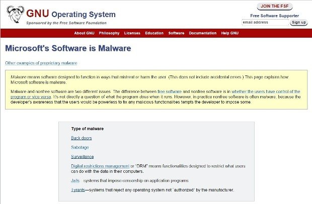 GNU.org Website Says Microsoft's Software Is Malware