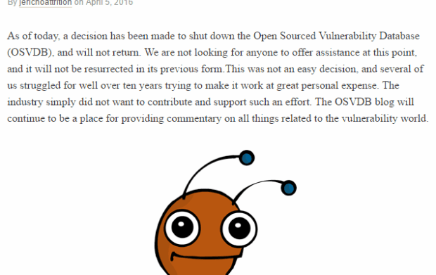 The Open-source vulnerabilities database (OSVDB) shuts down permanently