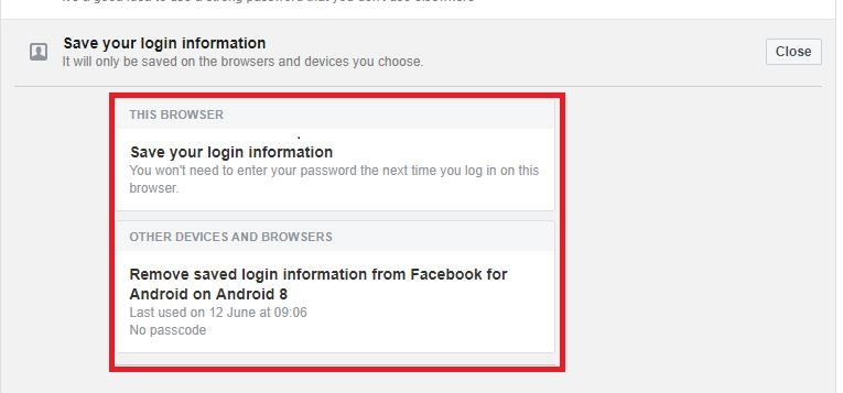 Facebook remove saved login info