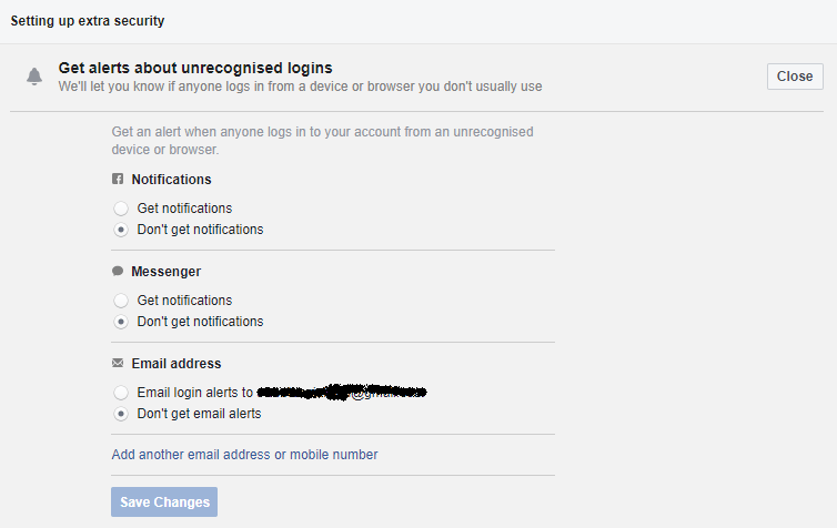 Facebook alerts configuration