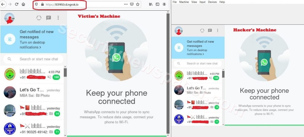 OhMyQR - Victm's WhatsApp Account Right is the Hacker screen and on the left is the Victim screen