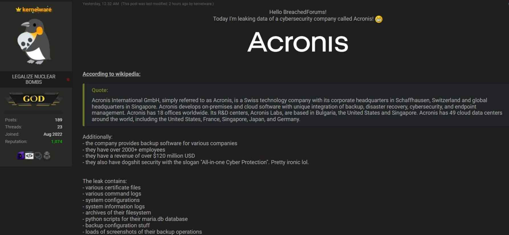 Computer security and cyber security company Acronis hacked